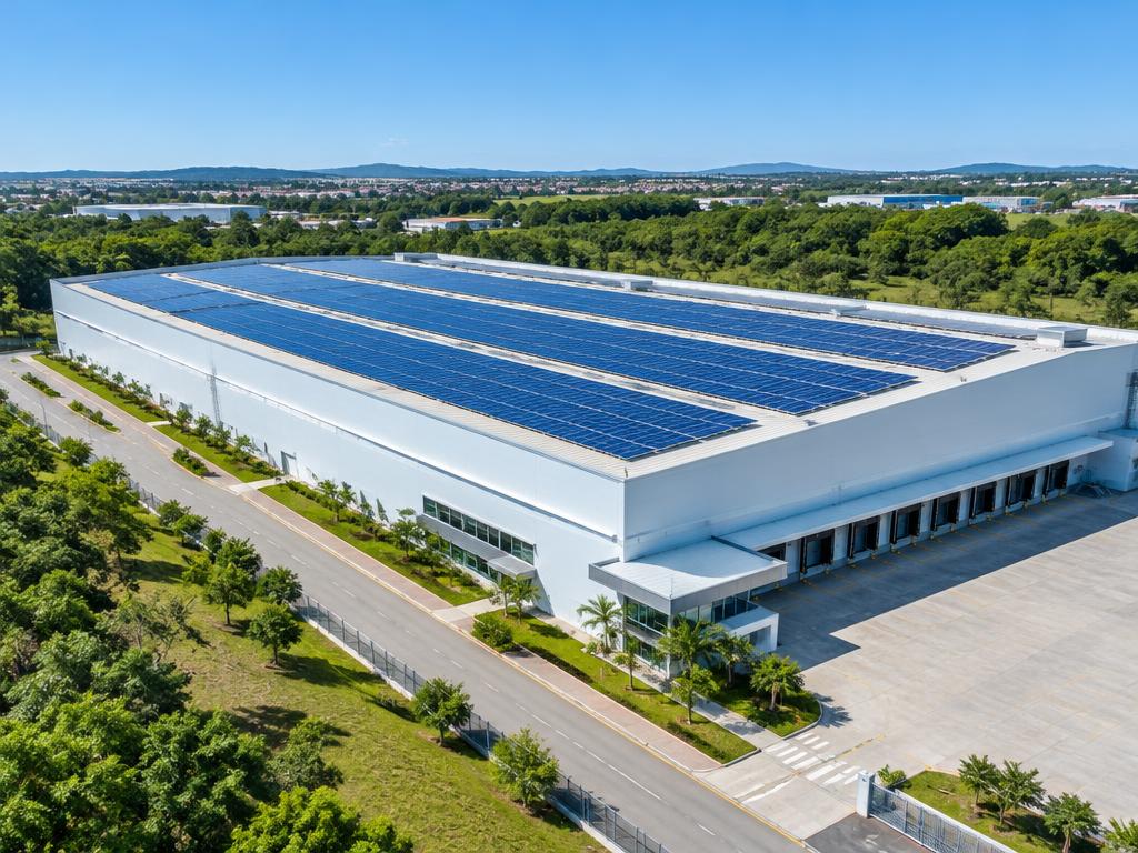 Ilustração de painéis solares no telhado de um galpão comercial